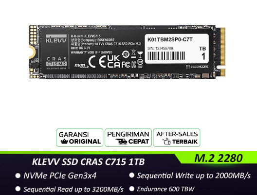 KLEVV SSD CRAS C715 1TB M.2 2280 NVMe PCle Gen3 x4 - K01TBM2SP0-C7T - R3200MB/s W2000MB/s