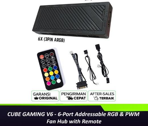 CUBE GAMING V6 - 6-Port Addressable RGB & PWM Fan Hub with Remote
